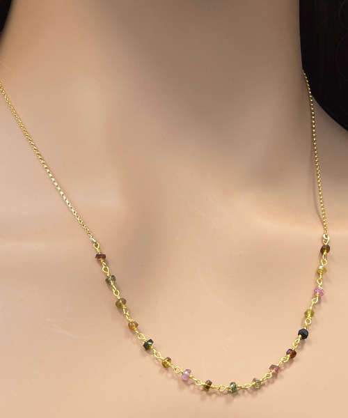 Delicate 3.4mm Multi-Color Tourmaline Gemstone Necklace on Gold Filled Chain, #6527-yg