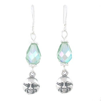 Man in the Moon Dangle Earrings in Sterling Silver with Blue Czech Glass Beads, #8177
