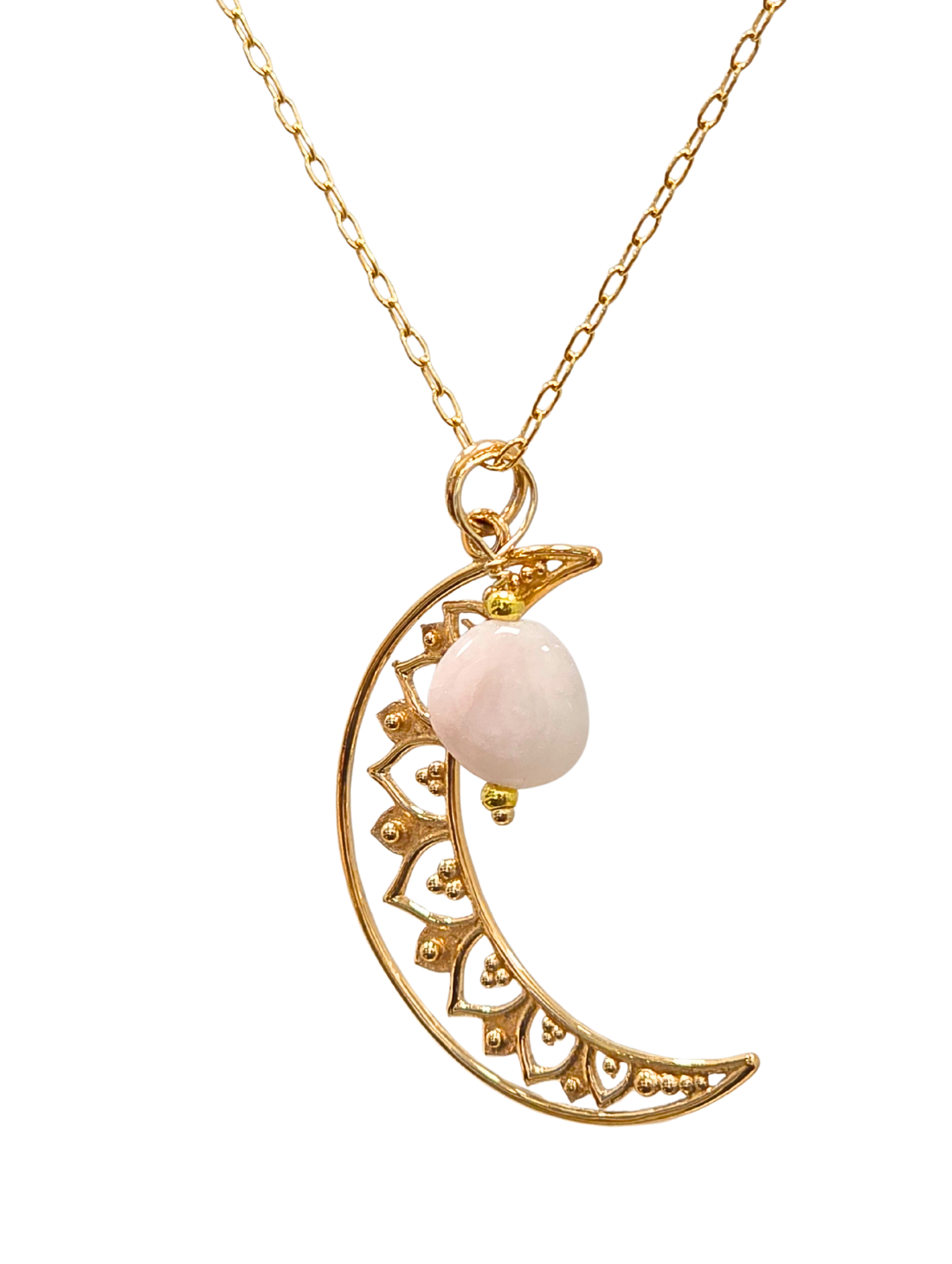 Limited Edition Crescent Moon Mandala and Rose Quartz Gold FIlled 20" Necklace #8701-yg