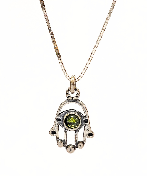 Hamsa Hand with Peridot Gemstone on 18" box Chain, #8381