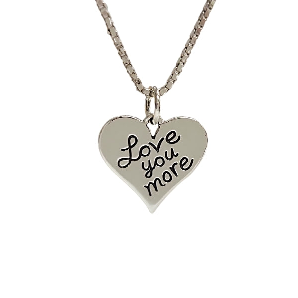 Love You More Engraved Heart Pendant Necklace on Rhodium Sterling Silver Chain 16", 18" or 20" Inches, #6152