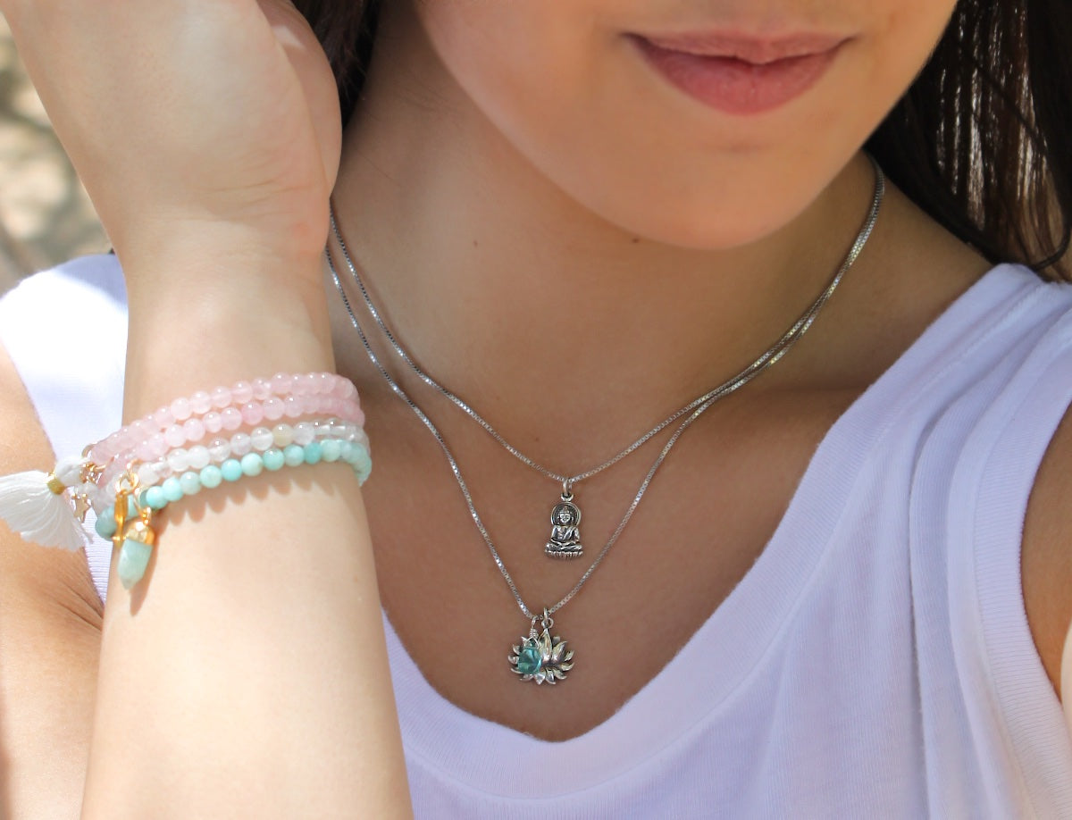 Gemstone Stretch Bracelet Set with Amazonite Charm, #6478