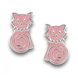 Tiny Enamel Swirl Tail Cat Post Earrings in Sterling Silver, #6635