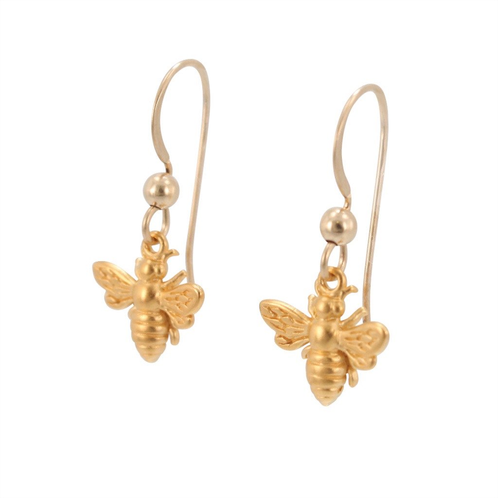 Tiny Gold Honey Bee Dangle Earrings, #6578-yg