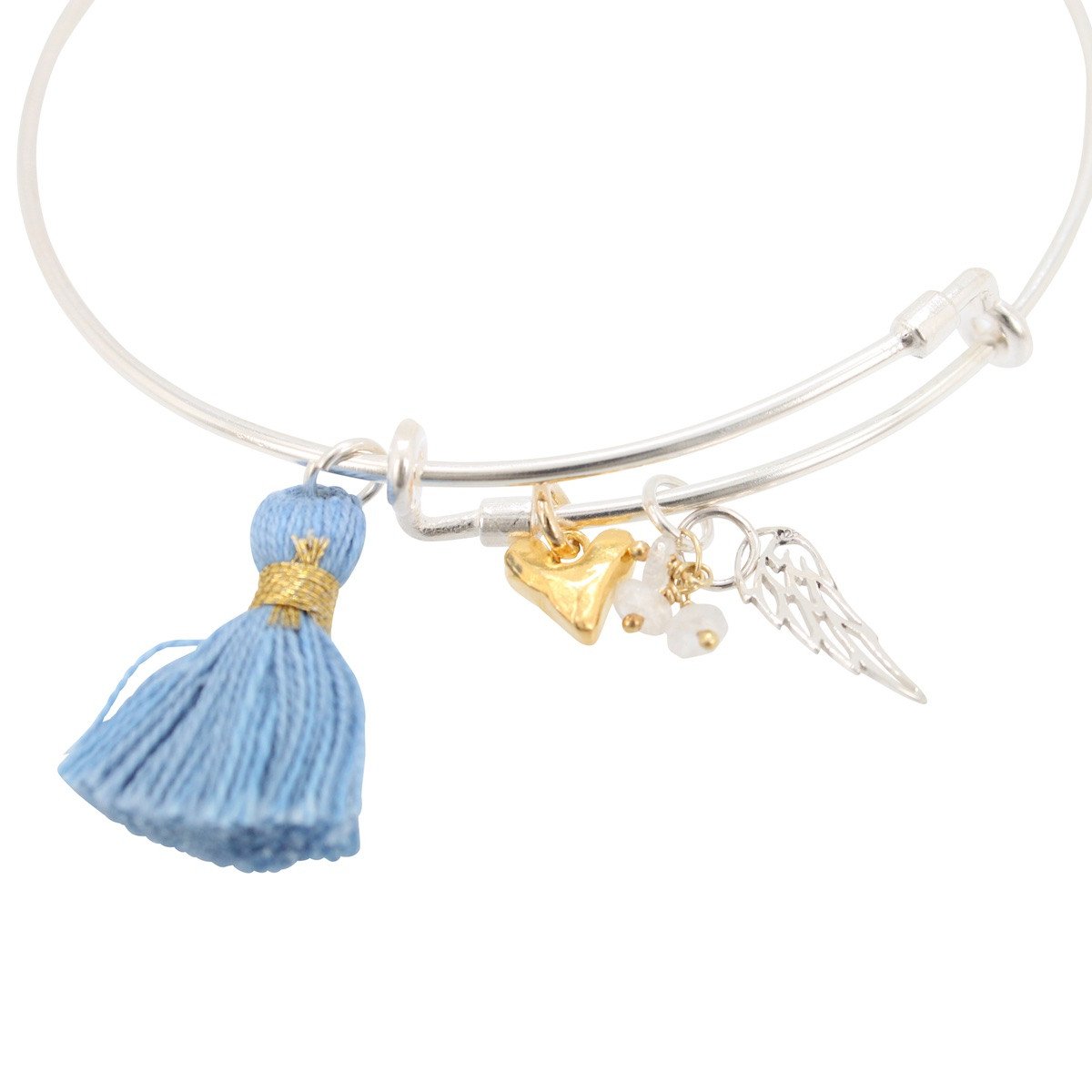 Bangle Bracelet with Angel Wing, Moonstone, Heart, and Tassel Charms, #6592-ss
