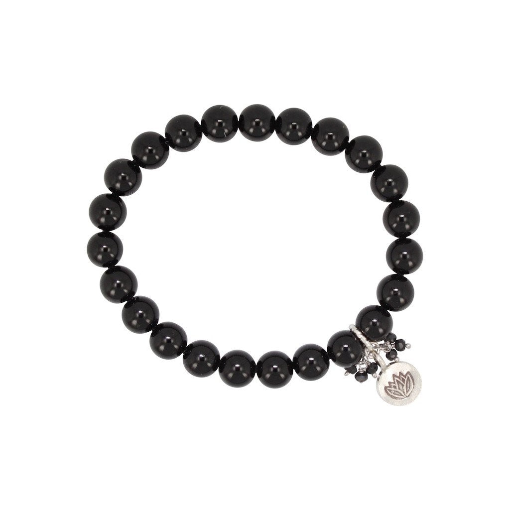 Lotus Charm on 8mm Black Tourmaline Stretch Bracelet, #6739