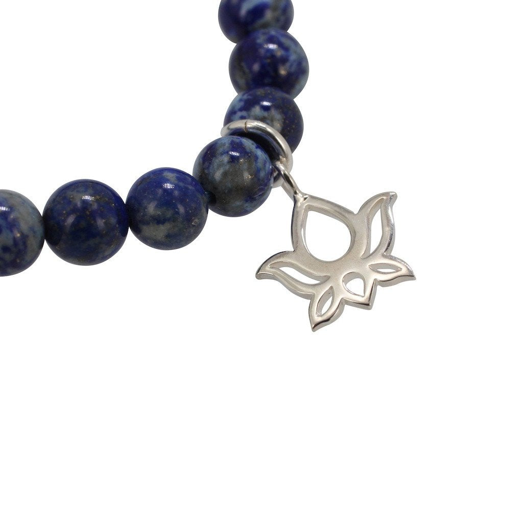 6mm Blue Lapis Stretch Bracelet with Lotus Charm, #6952