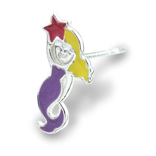 Children's Tiny Enamel Mermaid Post Stud Earrings in Sterling Silver, #6766