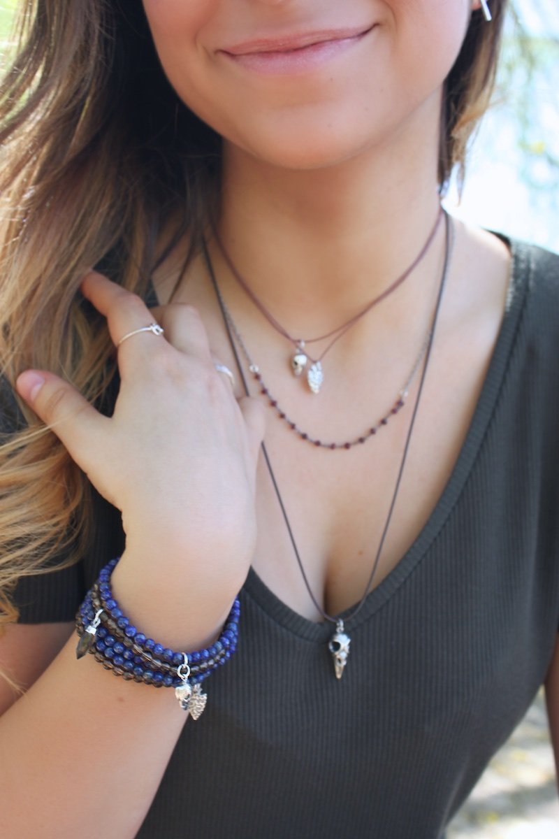 Lapis and Tigers Eye Gemstone Stretch Bracelet Set with Sterling Silver Tribal Charms, #6481T