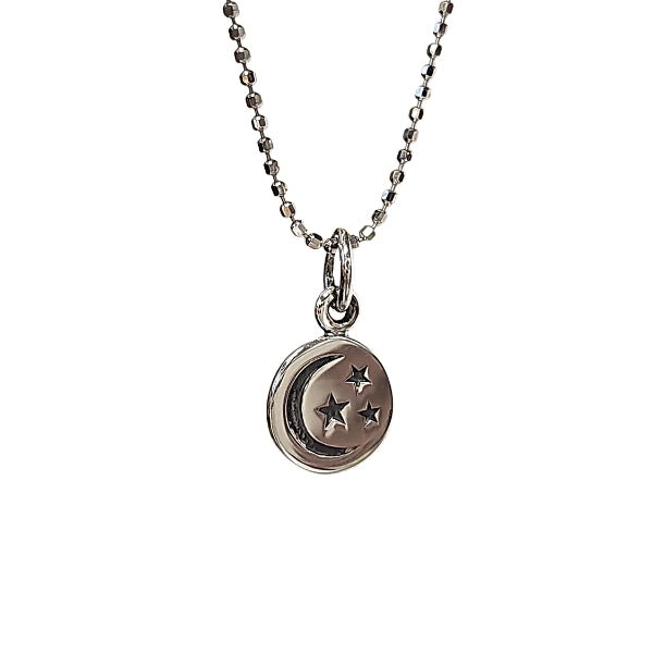 Tiny Crescent Moon and Stars Disk on Rhodium Plated Sterling Silver 16" or 18" Chain, 7976