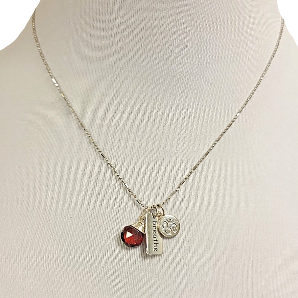 OM (Aum), Garnet Briolette Gemstone and BREATHE Charm Necklace on an 18" Chain, #7053