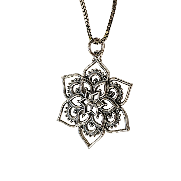 Detailed Openwork Lotus Flower Mandala Pendant on a 20" Rhodium Plated Sterling Silver Necklace #8114