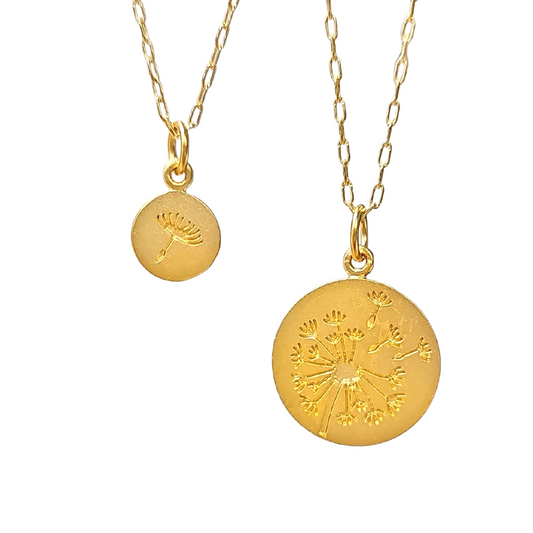 Gold Large & Small Dandelion Mother Daughter 2 Necklace Set on 18" Gold Filled Chains