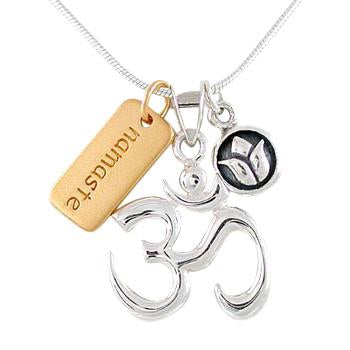 Om (Aum), Lotus Flower, & Namaste Charm Necklace Choose your length 16" - 24", #8457-ss