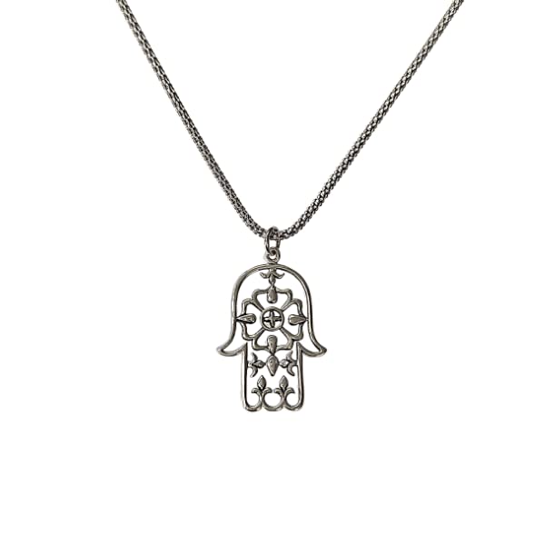 Filigree Design Hamsa Hand Sterling Silver Necklace on Popcorn Chain 20", 22" or 24" lengths, 7414