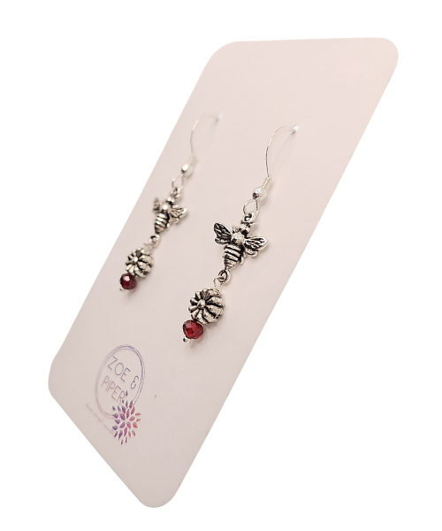 Limited Edition Honeybee Flower and Garnet Gemstone Sterling Silver Dangle Earrings #9010