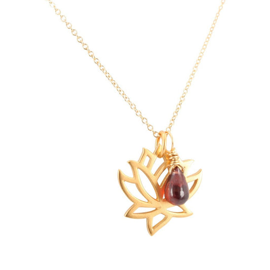 24kt Gold Plated Bronze Lotus Necklace with Garnet Briolette, #6624-yg