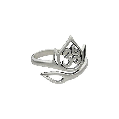 Adjustable Om and Lotus Flower Ring in Sterling Silver, #6927-ss