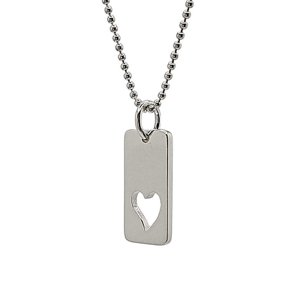 Cut Out Heart Tag Charm Pendant Necklace in Sterling Silver 18" Ball Chain, #8017