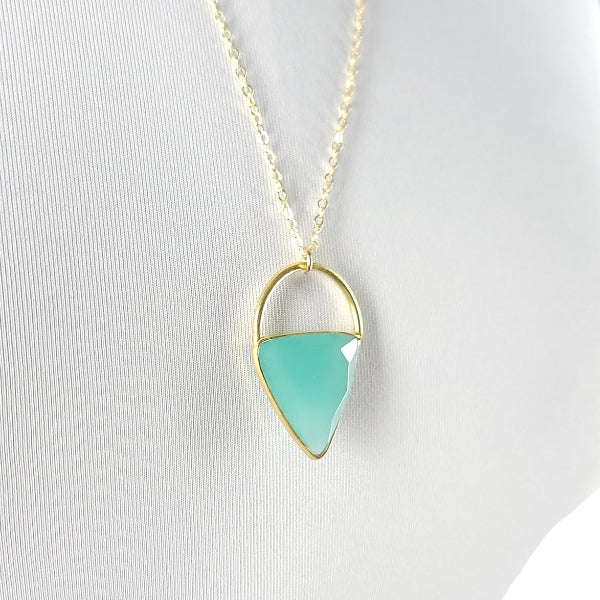 Limited Edition Aqua Chalcedony Gemstone Focal Pendant Necklace in Gold Vermeil Adjustable 24" - 26" Chain, #6907