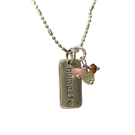 Namaste Double Sided Word Pendant with Tourmaline Beads in Sterling Silver on a Bead Chain, #7055