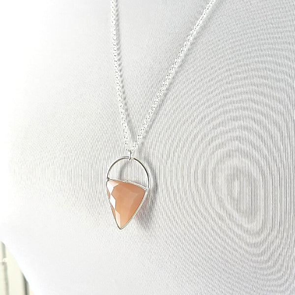 Limited Edition Peach Moonstone Gemstone Focal Pendant Necklace in Sterling Silver Adjustable 24" - 26" #6907