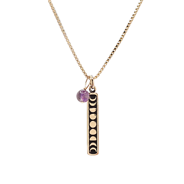 Vertical Bronze Moon Phase and Amethyst Necklace on an 18" Gold Fill Box Chain, #6206-brz