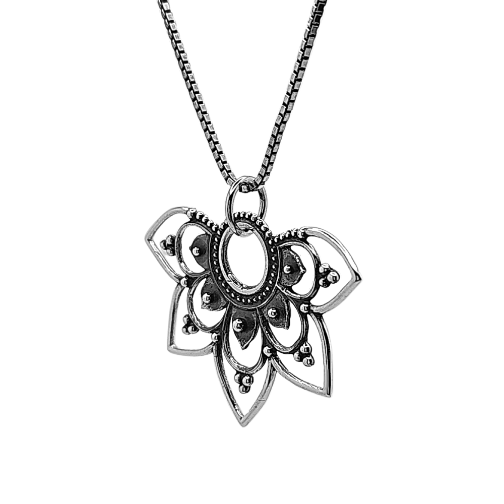 Openwork Lotus Half Mandala Pendant Necklace in Sterling Silver 20", #1115