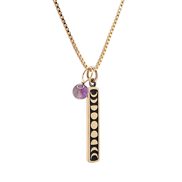 Vertical Bronze Moon Phase and Amethyst Necklace on an 18" Gold Fill Box Chain, #6206-brz