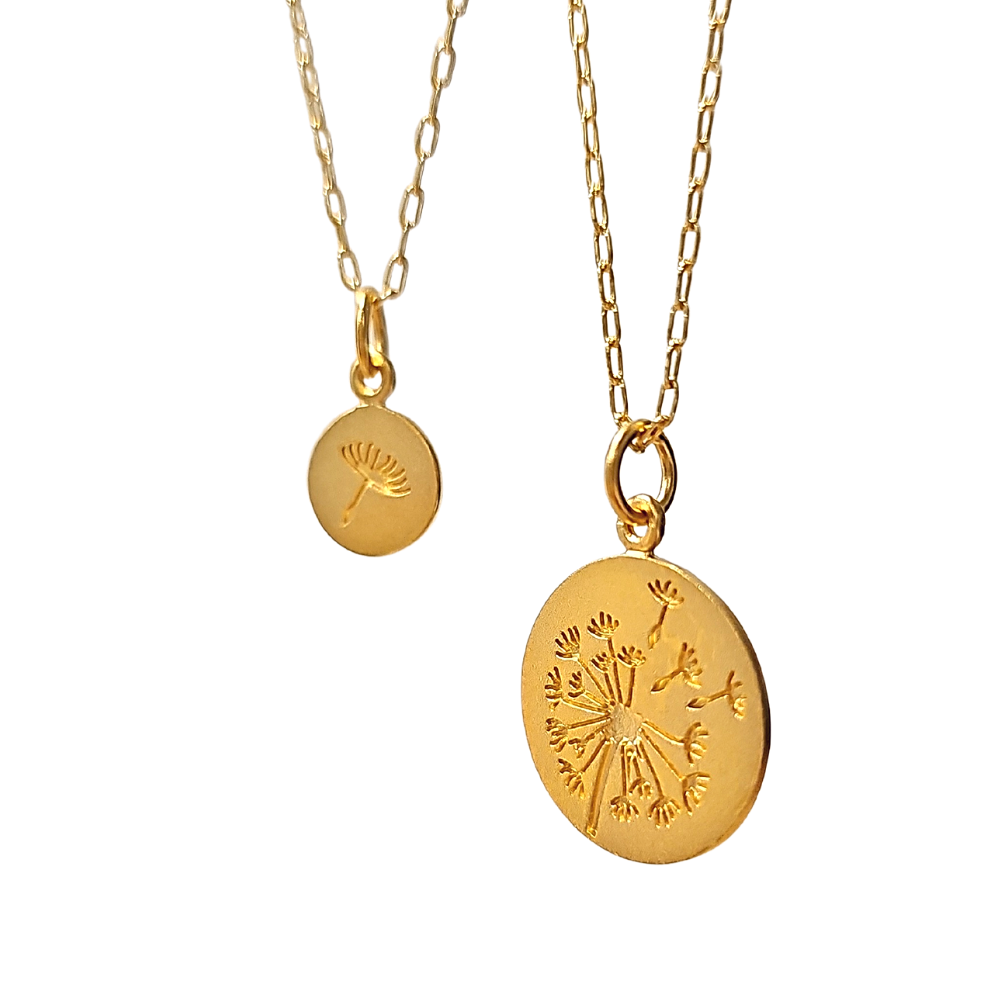 Gold Large & Small Dandelion Mother Daughter 2 Necklace Set on 18" Gold Filled Chains