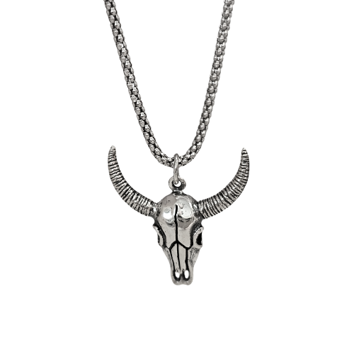 Cow Bull Horns Skull Sterling Silver Pendant 22" Necklace, #6008