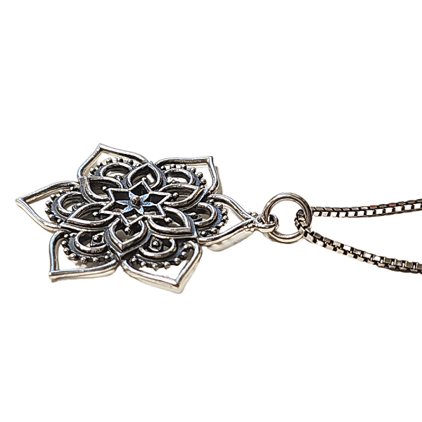 Detailed Openwork Lotus Flower Mandala Pendant on a 20" Rhodium Plated Sterling Silver Necklace #8114