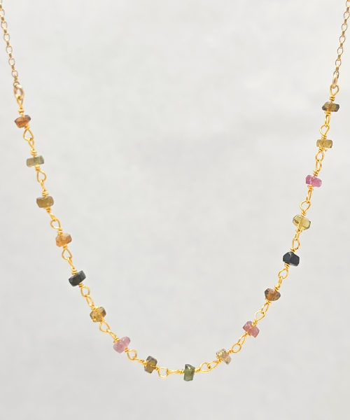 Delicate 3.4mm Multi-Color Tourmaline Gemstone Necklace on Gold Filled Chain, #6527-yg