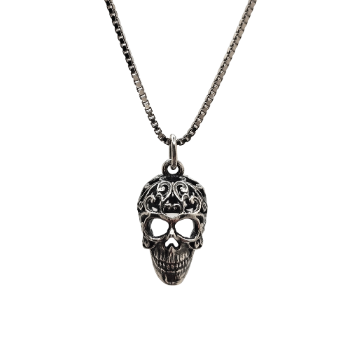 Sugar Skull Filigree Sterling Silver Pendant 20" Necklace #6005