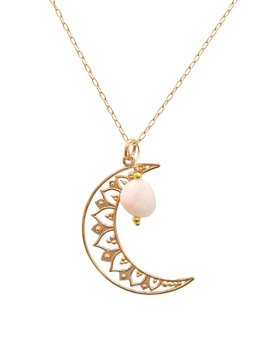 Limited Edition Crescent Moon Mandala and Rose Quartz Gold FIlled 20" Necklace #8701-yg