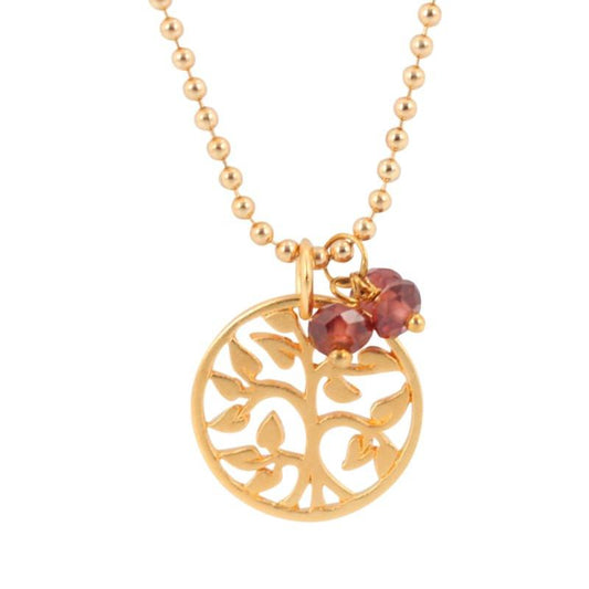 24k Gold Plated Tree of Life Necklace with Garnet Baubles, #7035-yg