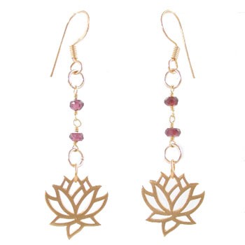 Lotus Flower Dangle Earrings in Gold with Garnet Gemstone Beads, 8164