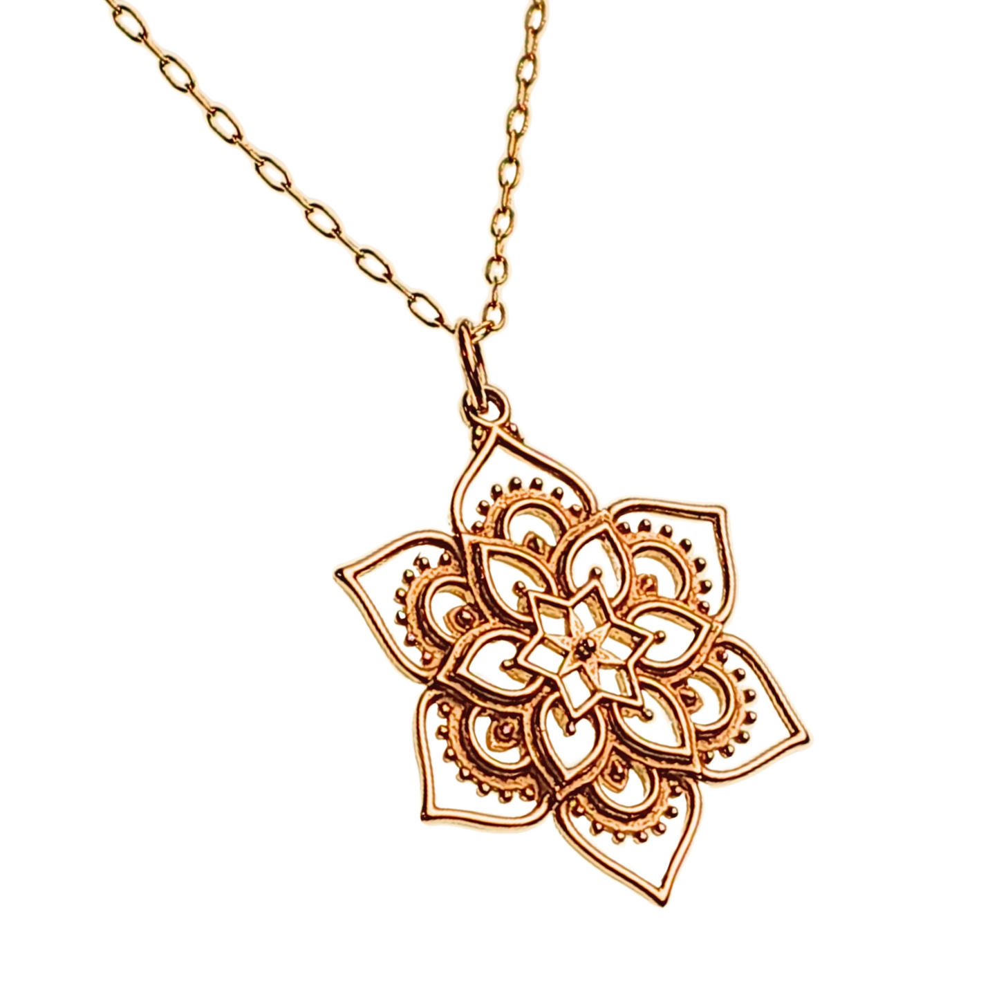 New! Detailed Openwork Lotus Flower Mandala Pendant on a 20" Gold Filled Chain #8114-brz