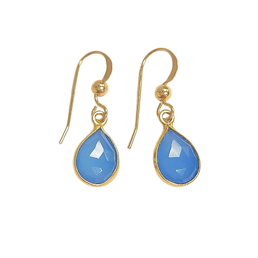 Gold Blue Chalcedony Teardrop Dangle Earrings, #6384-yg