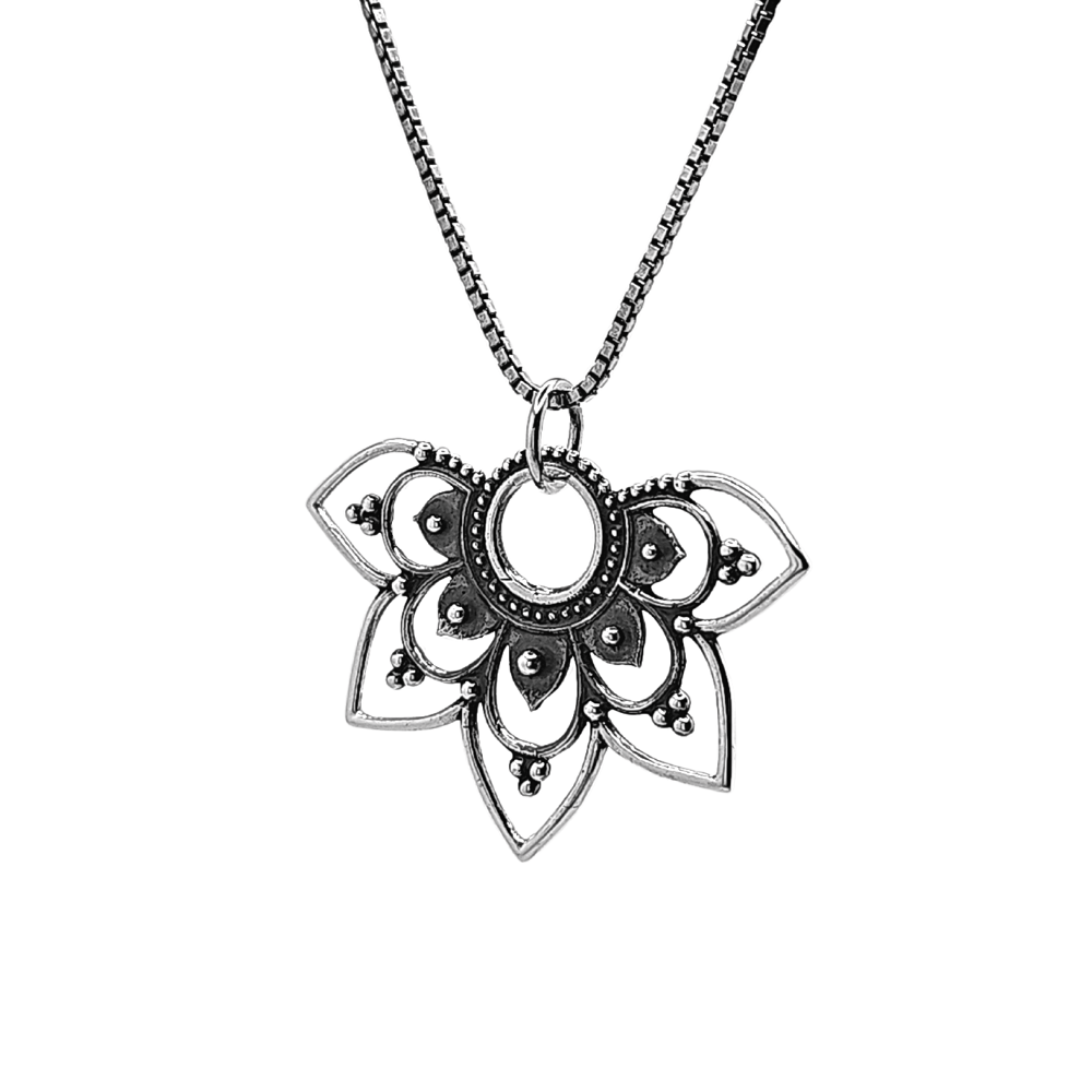 Openwork Lotus Half Mandala Pendant Necklace in Sterling Silver 20", #1115