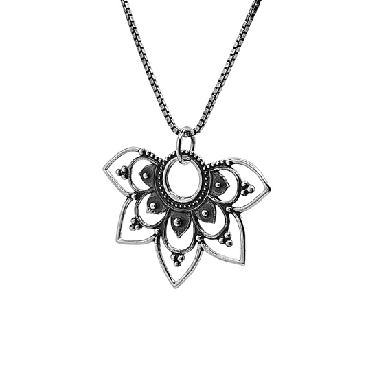 Openwork Lotus Half Mandala Pendant Necklace in Sterling Silver 20", #1115