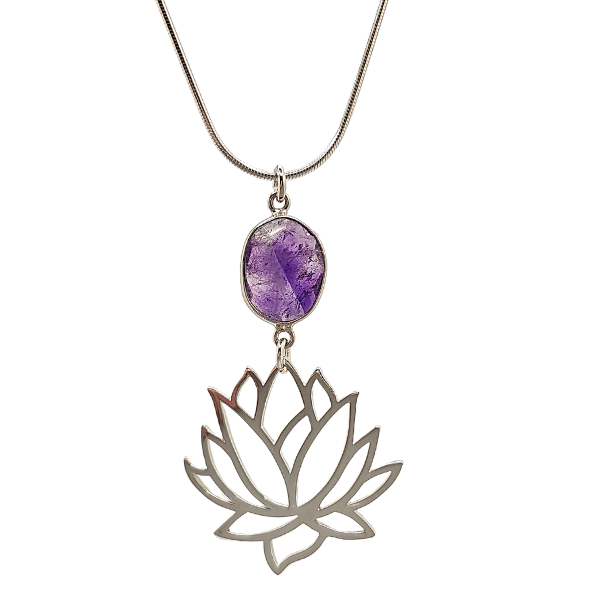 Sterling Silver Lotus Flower Pendant and Amethyst Gemstone on 20" Snake Chain, #7708-ss