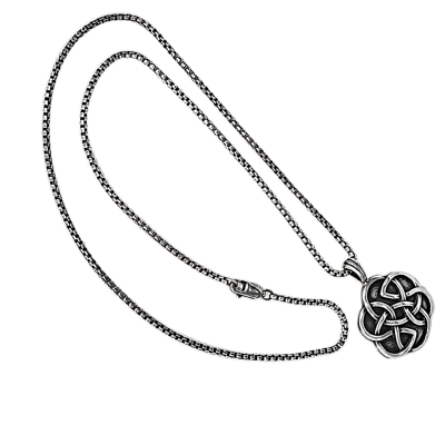 Round Shield of Destiny Celtic Knot Pendant in Sterling Silver on an 18", 20" or 24" Oxidized Box Chain for Men, #8258