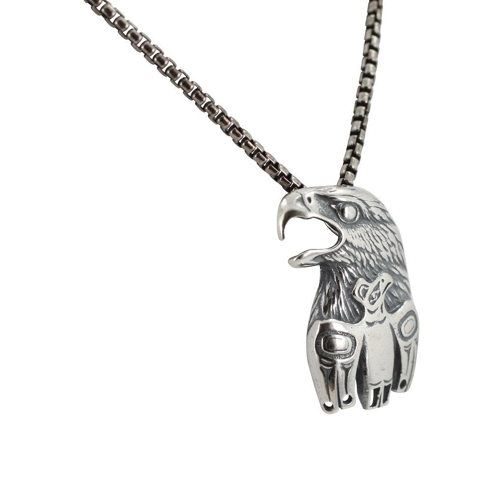 Mens Tribal Eagle Totem Necklace in Sterling Silver on a 1.8mm Box Chain, #6697