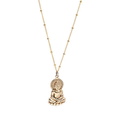 Detailed Sitting Young Buddha Necklace in Bronze on 20" Gold Chain, #7039-brz