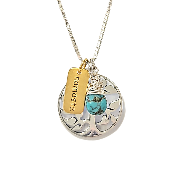 Tree of Life, Turquoise Gemstone and NAMASTE word tag Charm Necklace on an 18" Box Chain, #7052N