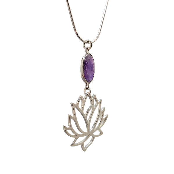 Sterling Silver Lotus Flower Pendant and Amethyst Gemstone on 20" Snake Chain, #7708-ss