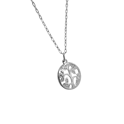 Small Etched Round Tree of Life Sterling Silver Necklace, #6015