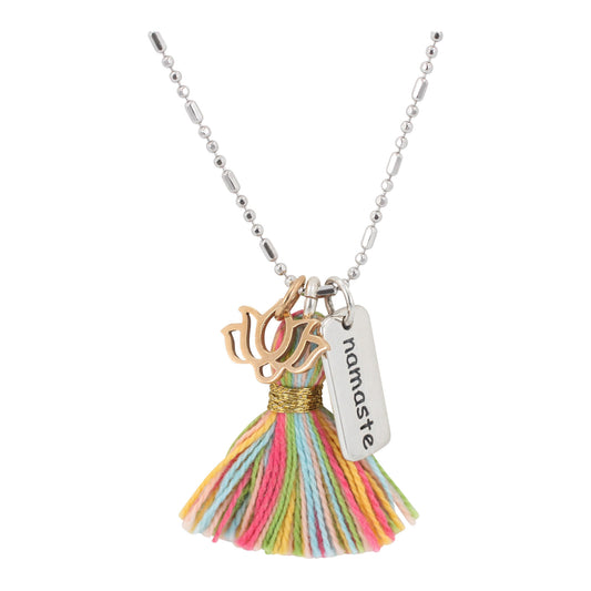 Lotus Tassel Necklace with Namaste Word Charm, #6182