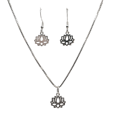 New! Petite Open Lotus Necklace and Earrings Gift Set in Sterling Silver, #9001